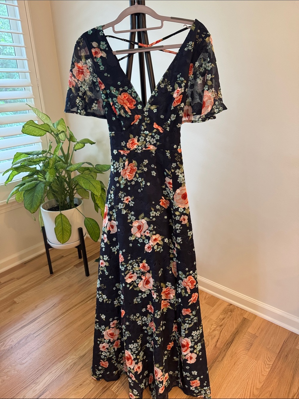 Lulu's Black Maxi Dress with Pink and Coral Floral Print